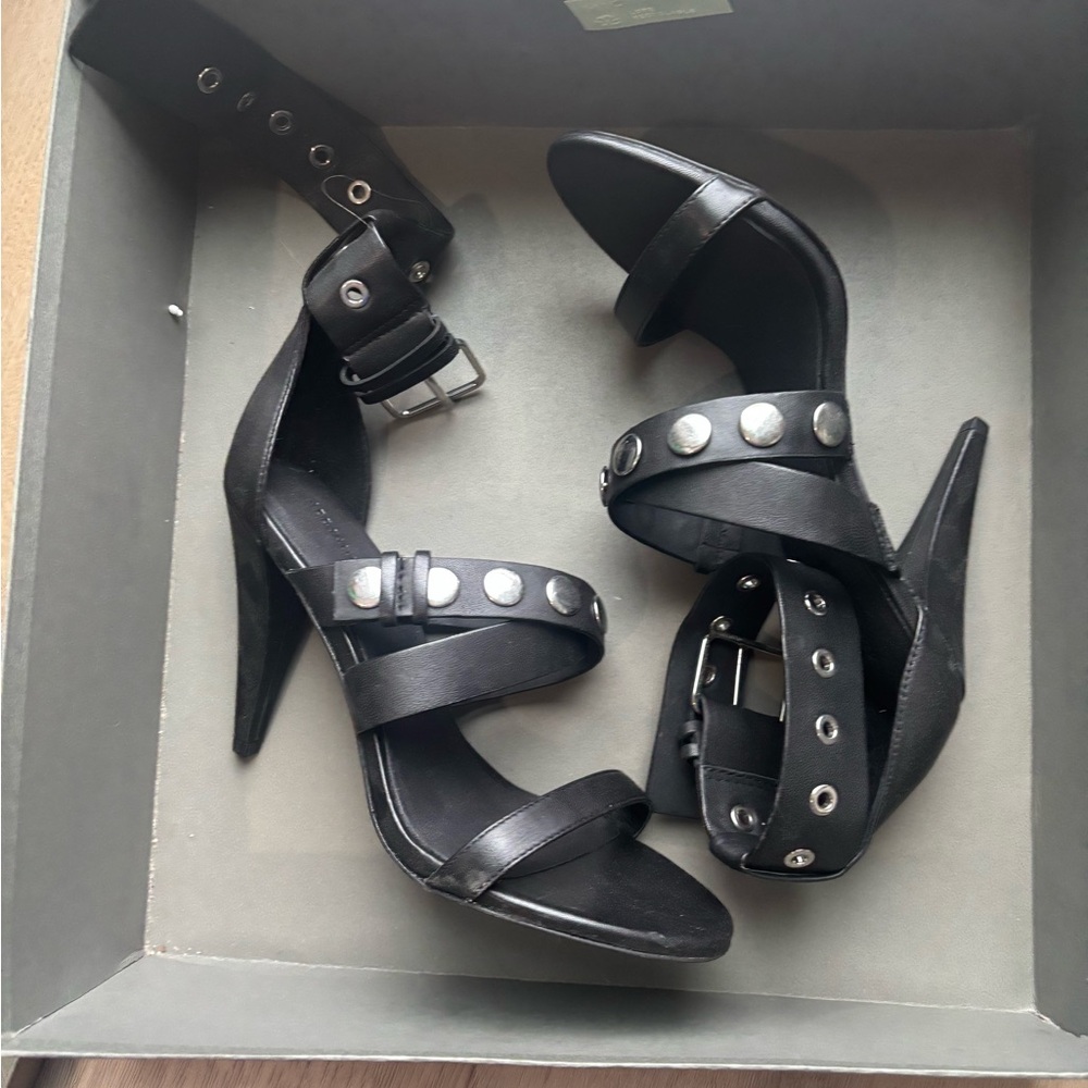 All Saints Black Studded Leather Ankle-Strap Heels - Picture 2 of 6